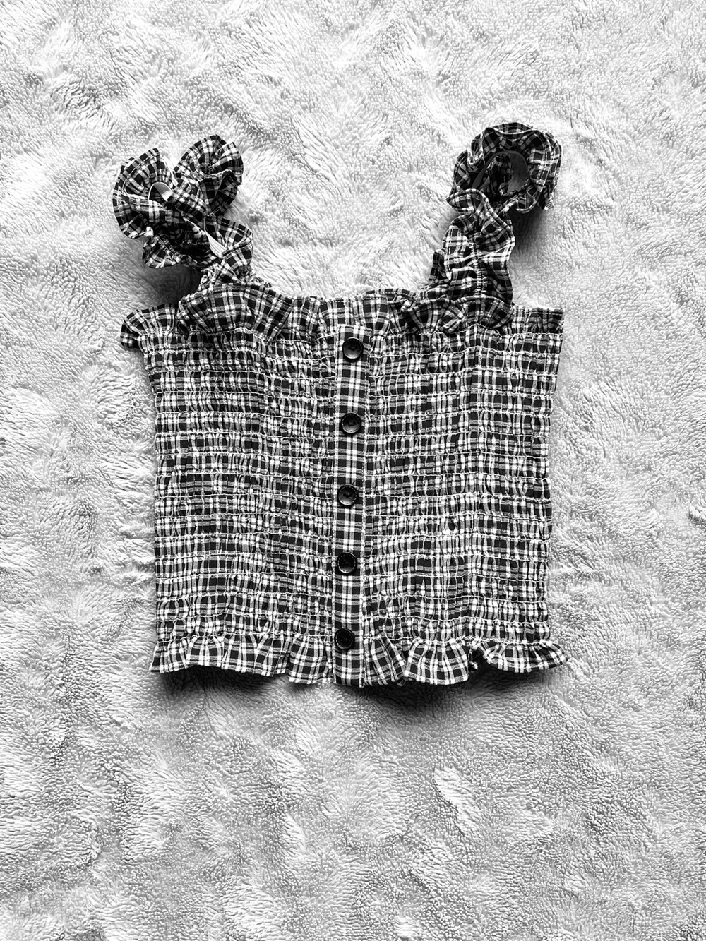 Black Plaid Button Shirred Crop Top